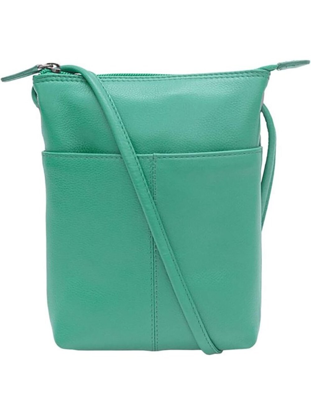 Women's Green Leather Front Open Pocket Back Zip Adjustable Strap Crossbody Bags